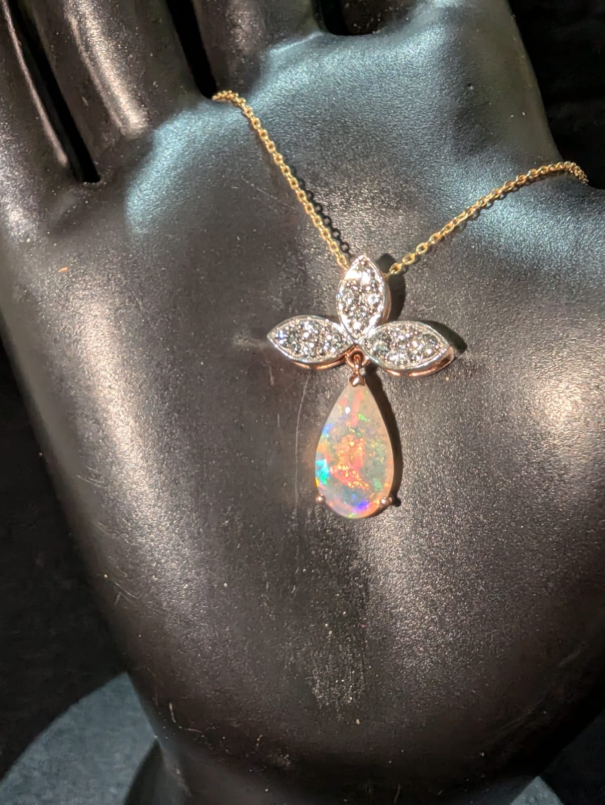 Captivating Coober Pedy Jelly Crystal Opal and 12 CVD Diamonds Pendent Set in 14kt Rose Gold