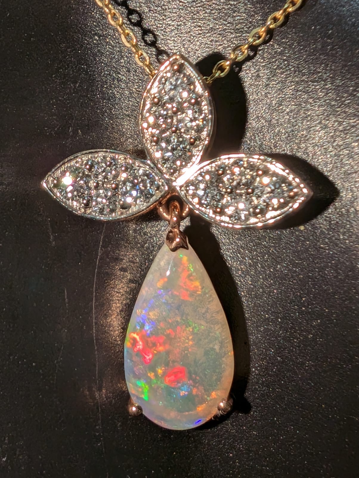Captivating Coober Pedy Jelly Crystal Opal and 12 CVD Diamonds Pendent Set in 14kt Rose Gold