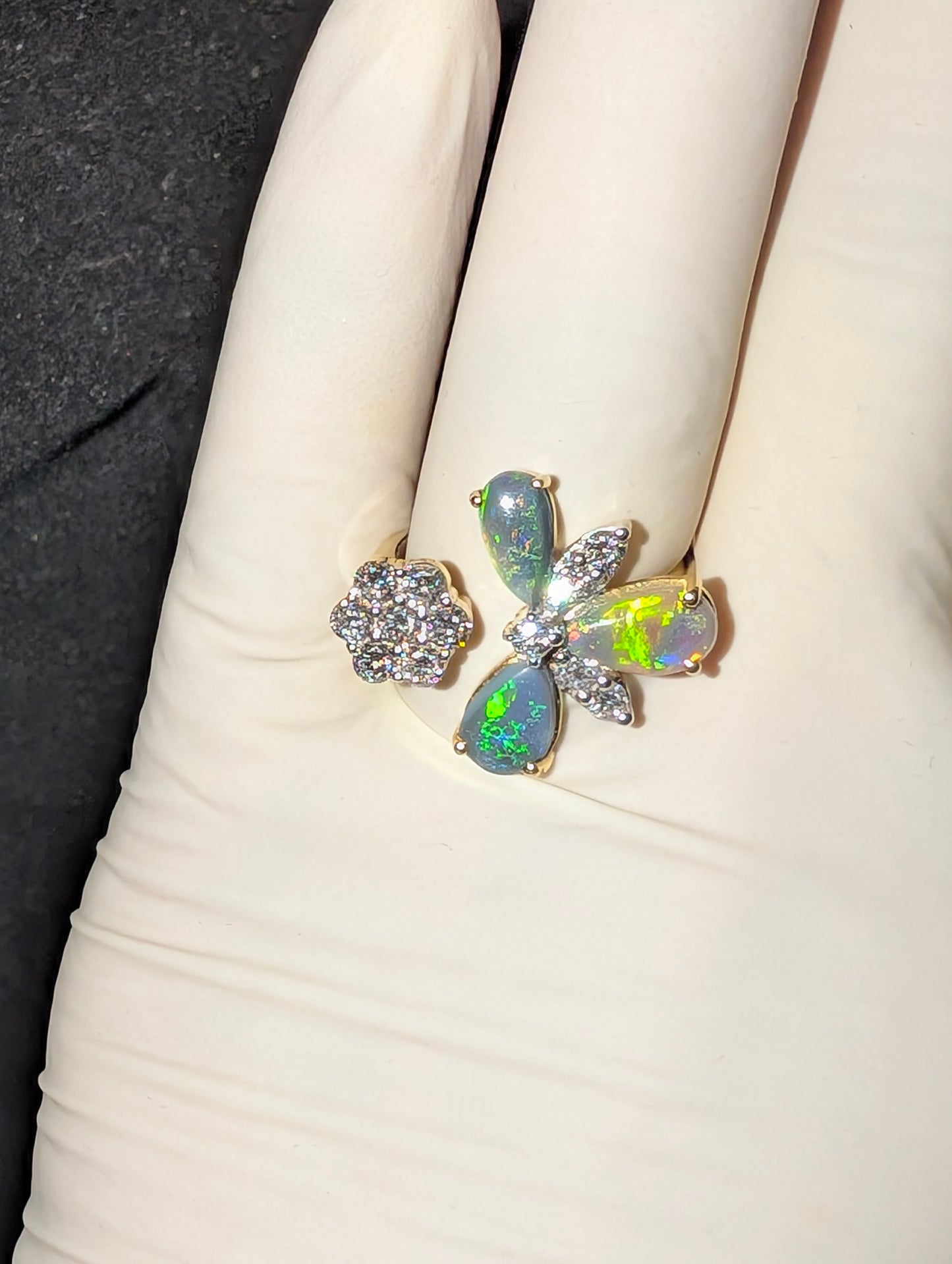 Elegant Black Opal Ring with Radiant CVD Diamonds Set in 10kt Gold