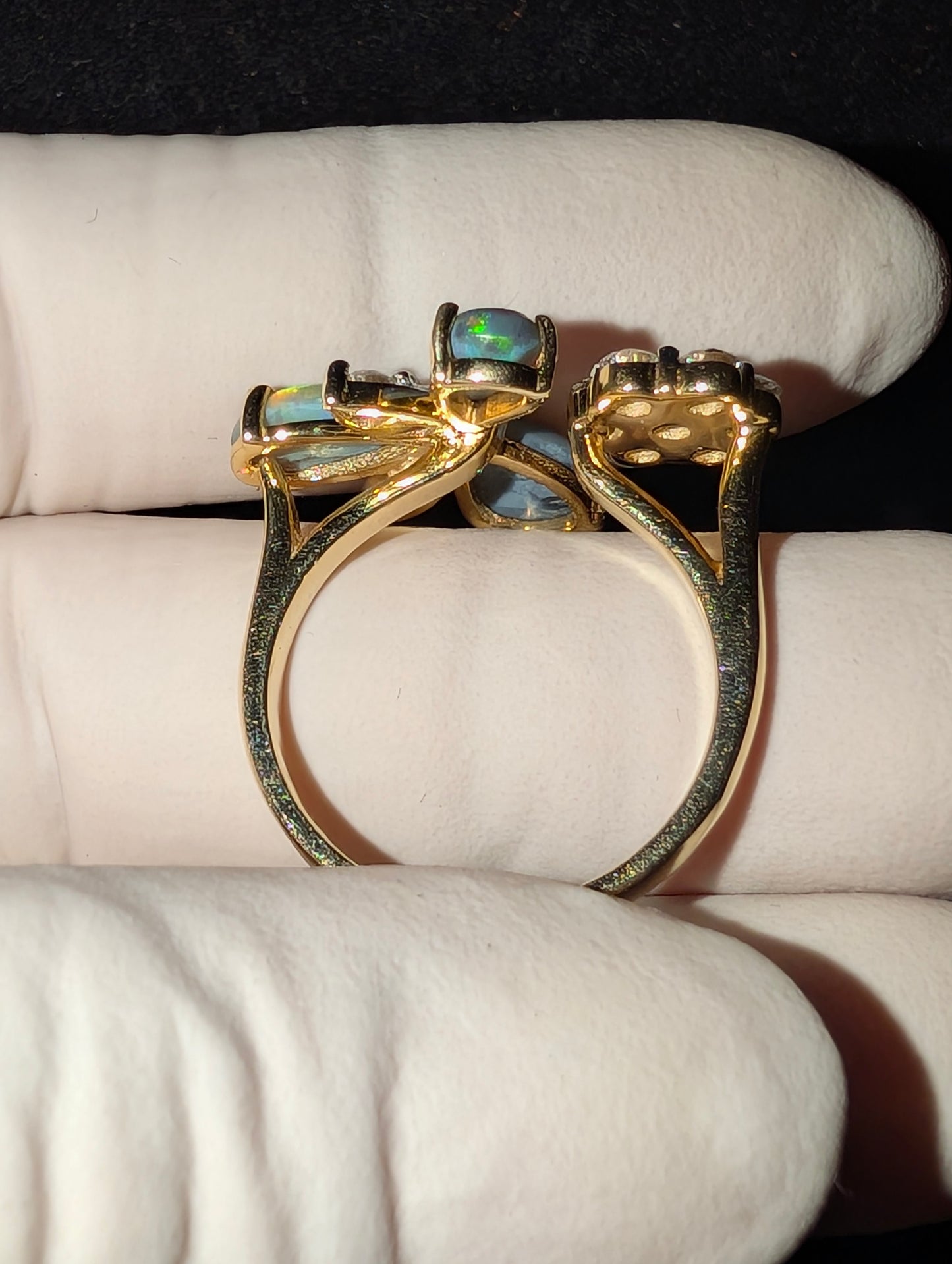 Elegant Black Opal Ring with Radiant CVD Diamonds Set in 10kt Gold