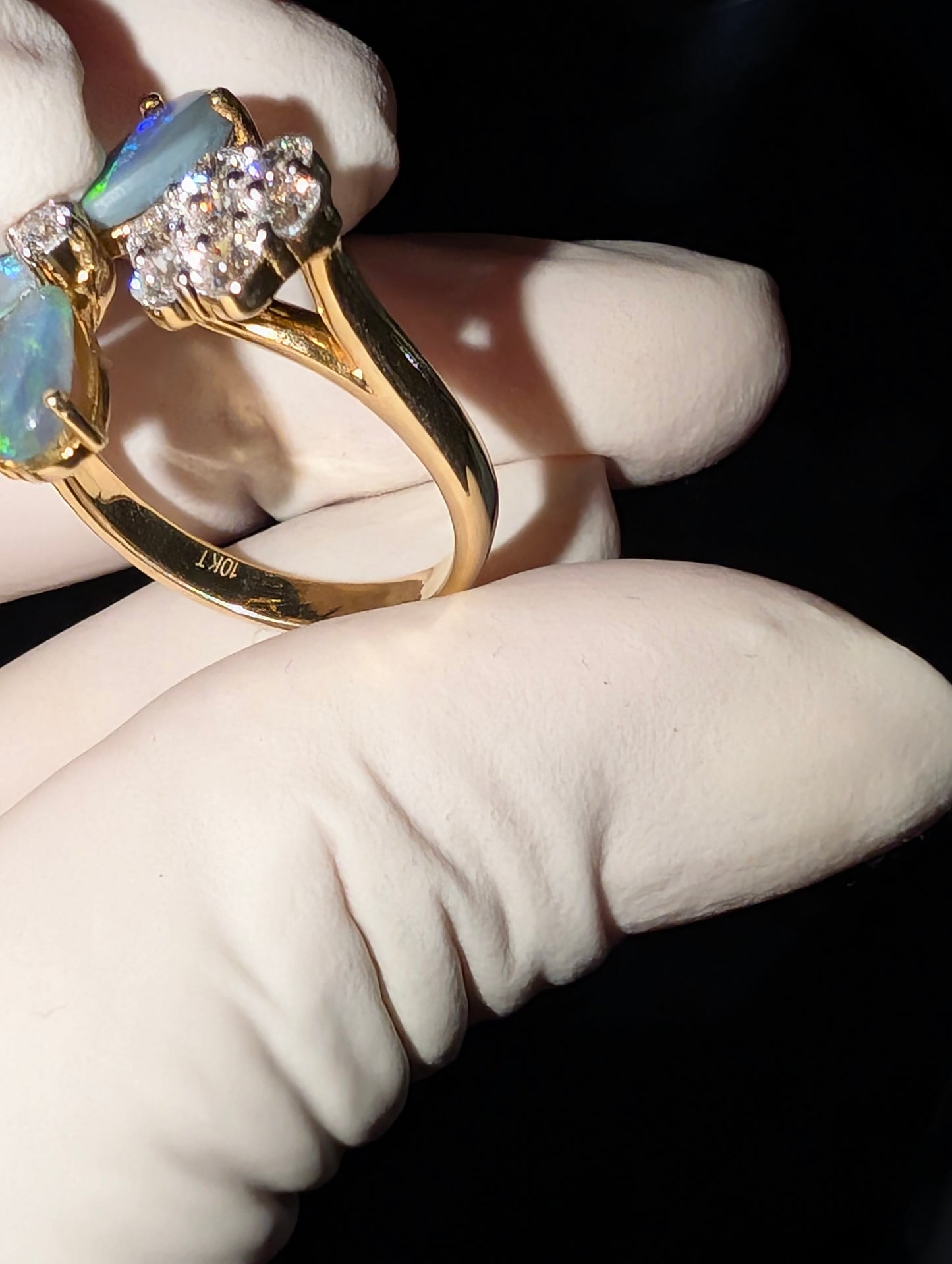 Elegant Black Opal Ring with Radiant CVD Diamonds Set in 10kt Gold