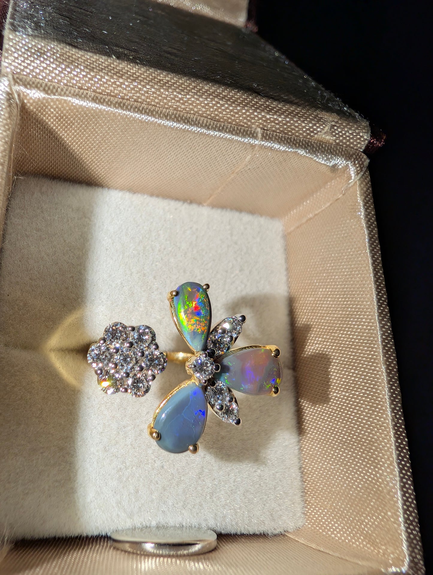 Elegant Black Opal Ring with Radiant CVD Diamonds Set in 10kt Gold