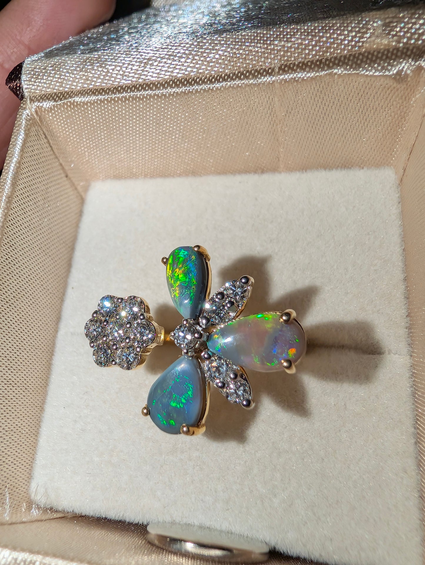 Elegant Black Opal Ring with Radiant CVD Diamonds Set in 10kt Gold