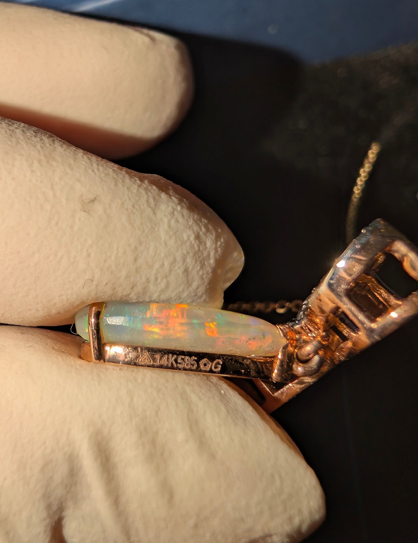 Captivating Coober Pedy Jelly Crystal Opal and 12 CVD Diamonds Pendent Set in 14kt Rose Gold
