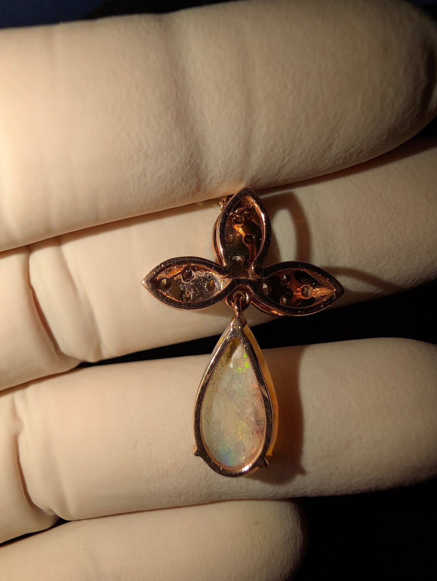 Captivating Coober Pedy Jelly Crystal Opal and 12 CVD Diamonds Pendent Set in 14kt Rose Gold