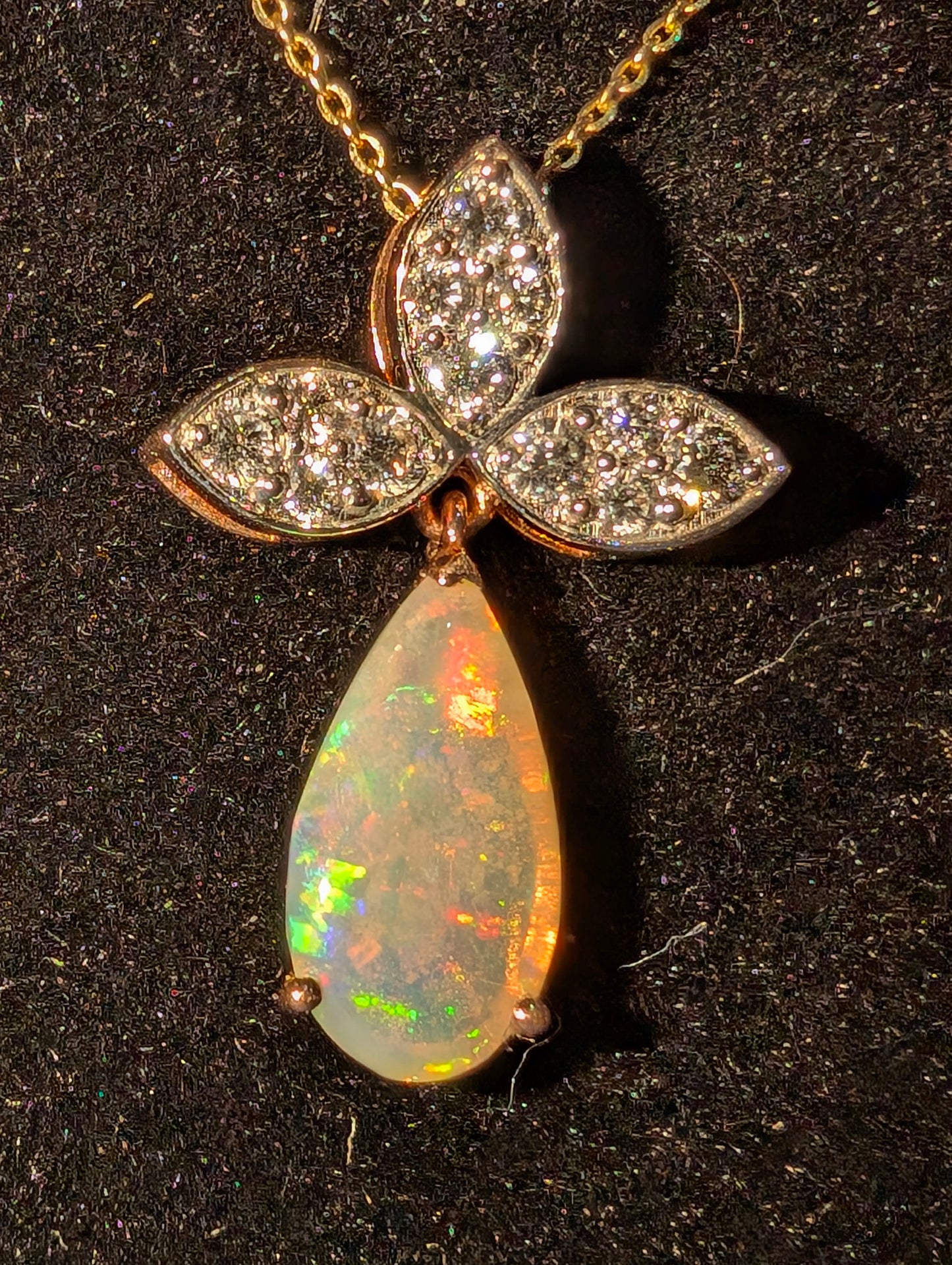 Captivating Coober Pedy Jelly Crystal Opal and 12 CVD Diamonds Pendent Set in 14kt Rose Gold