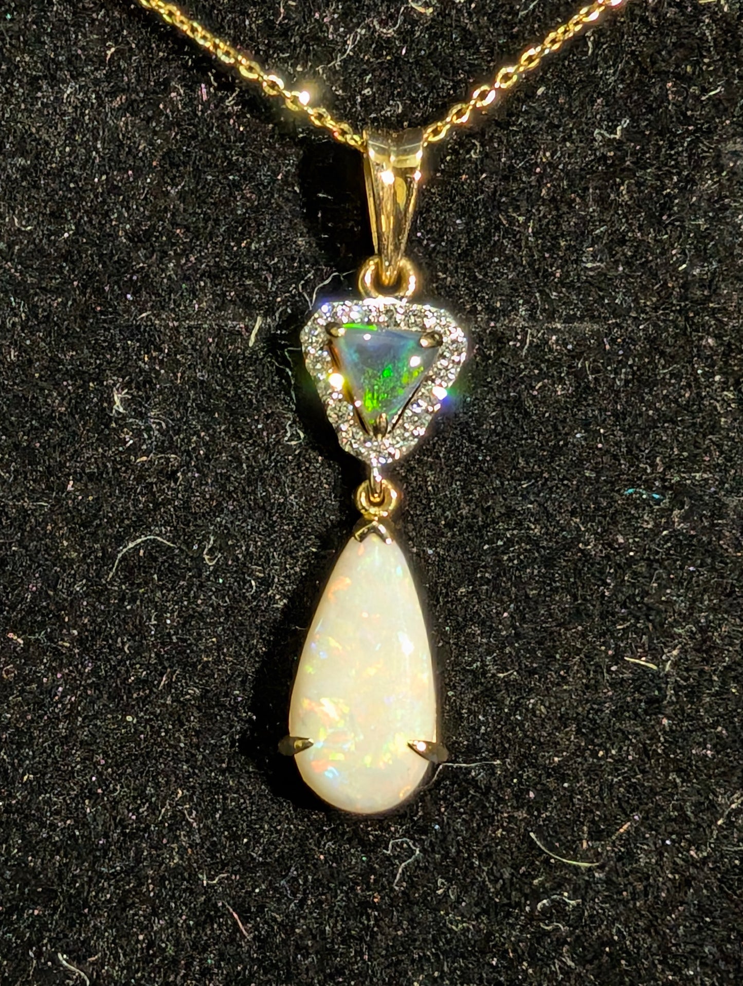 14kt Elegant Gold Pendant with Stunning Lighting Ridge/ Coober Pedy White/ Black Opal with 16 CVD Diamonds