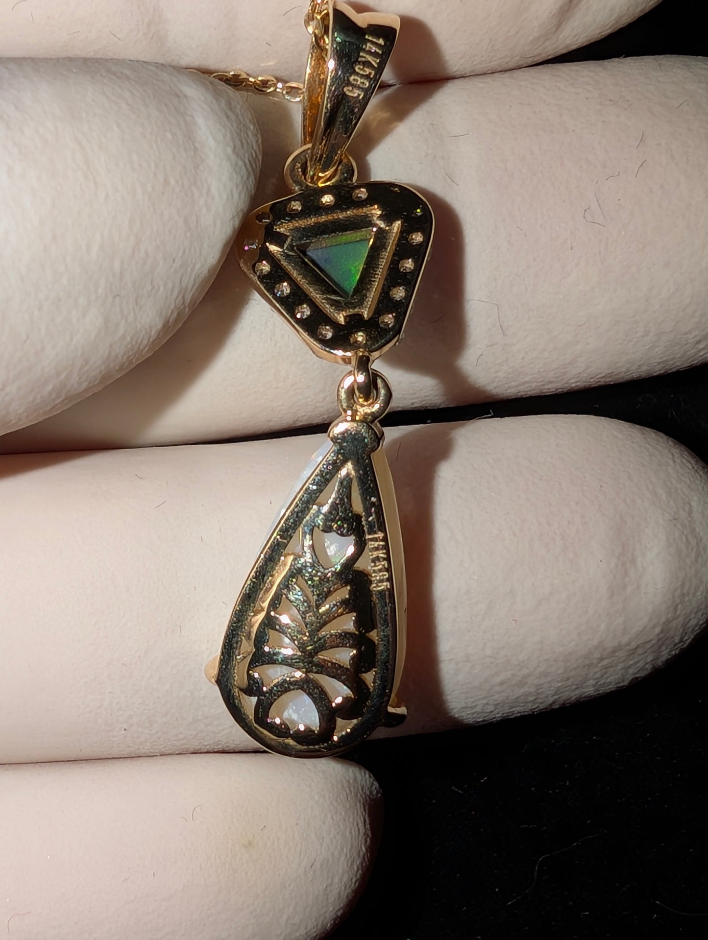 14kt Elegant Gold Pendant with Stunning Lighting Ridge/ Coober Pedy White/ Black Opal with 16 CVD Diamonds