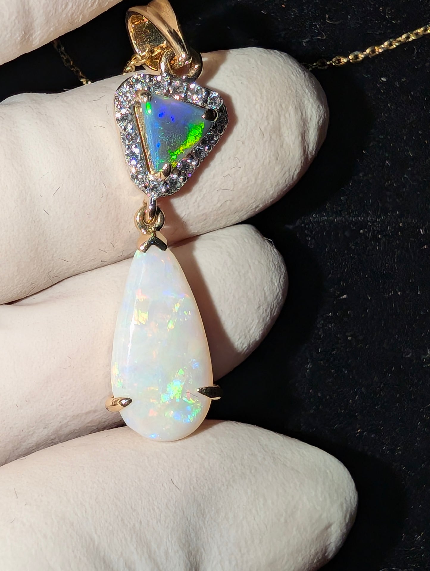 14kt Elegant Gold Pendant with Stunning Lighting Ridge/ Coober Pedy White/ Black Opal with 16 CVD Diamonds