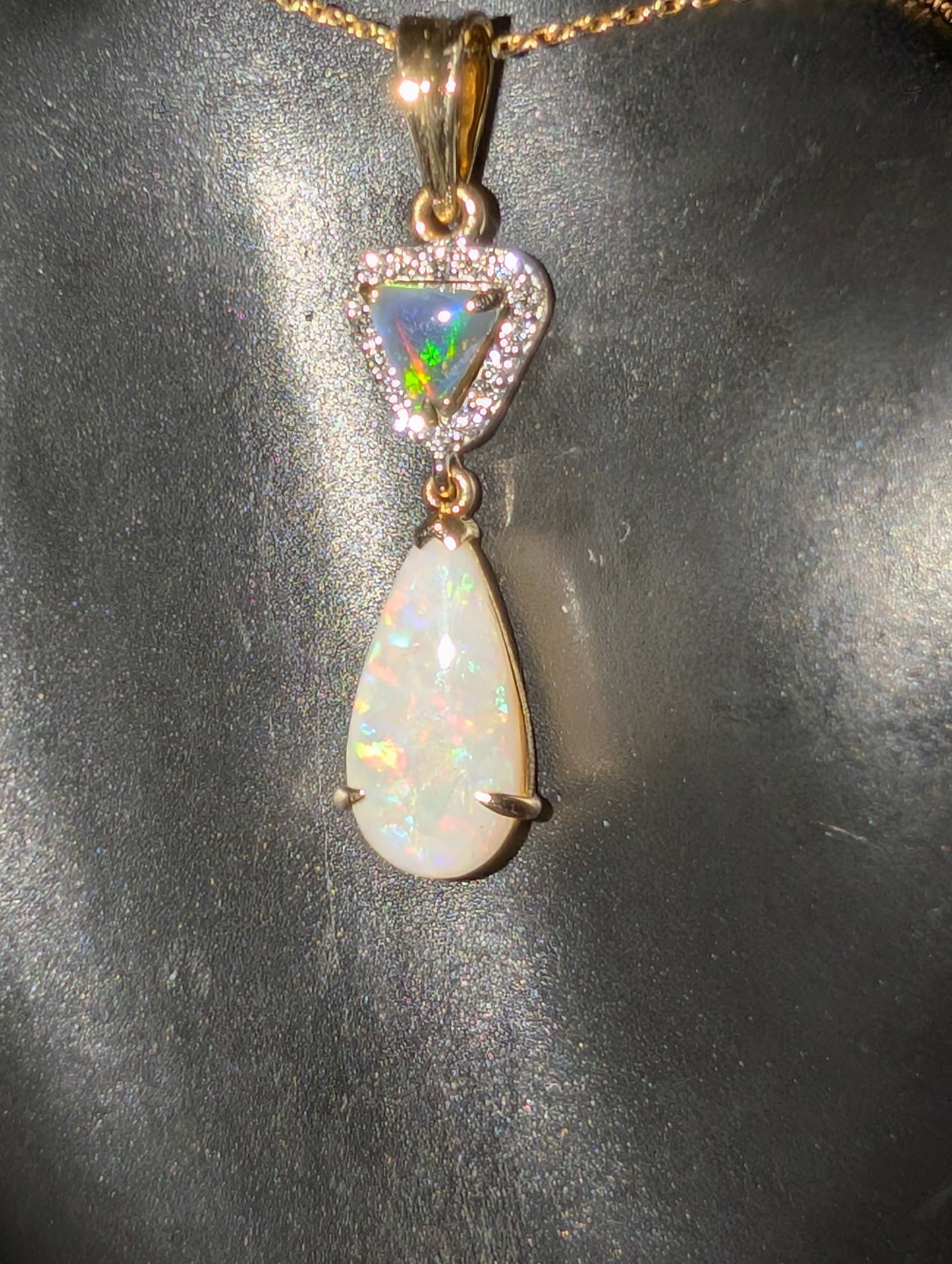 14kt Elegant Gold Pendant with Stunning Lighting Ridge/ Coober Pedy White/ Black Opal with 16 CVD Diamonds