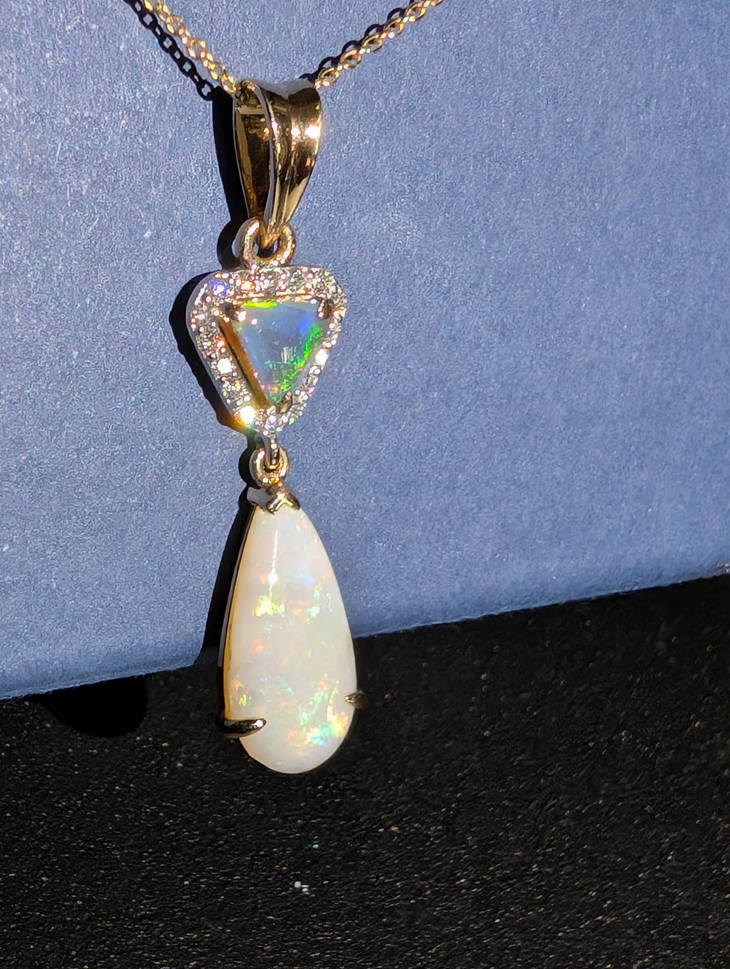 14kt Elegant Gold Pendant with Stunning Lighting Ridge/ Coober Pedy White/ Black Opal with 16 CVD Diamonds