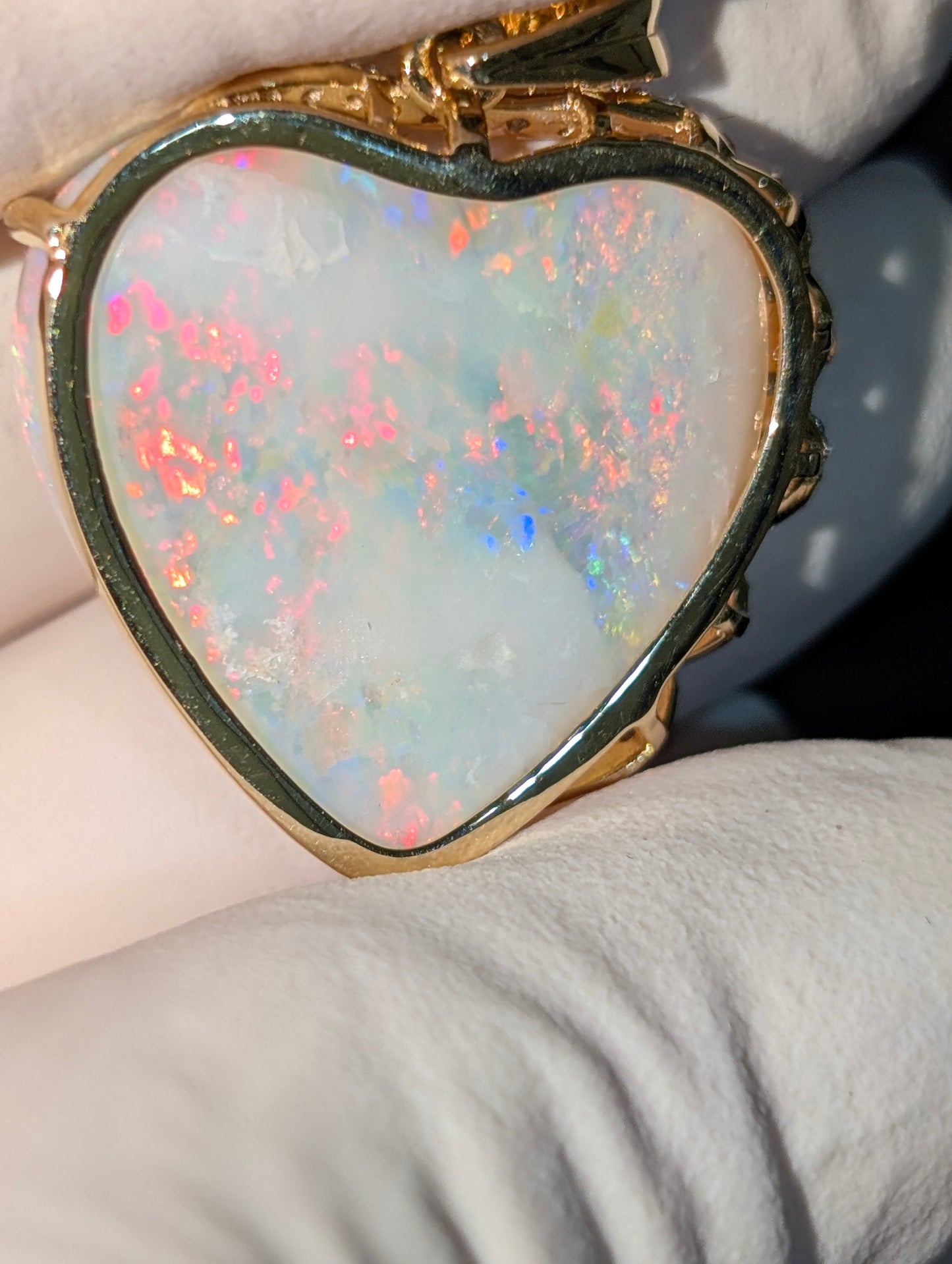 18KT Gold Embraced in Fine Heart Shaped Coober Pedy Crystal Opal with 31 CVD Diamonds