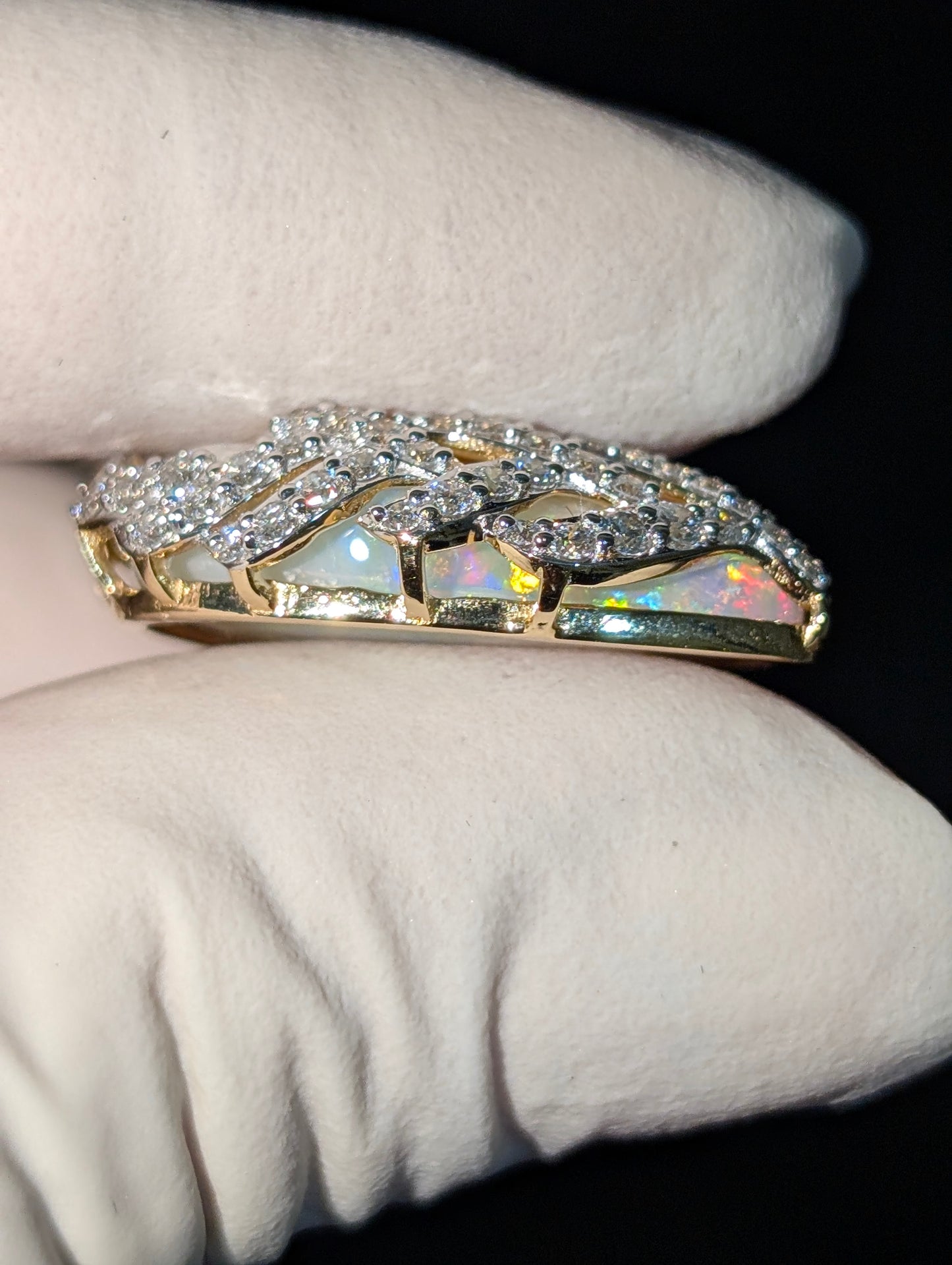 18KT Gold Embraced in Fine Heart Shaped Coober Pedy Crystal Opal with 31 CVD Diamonds