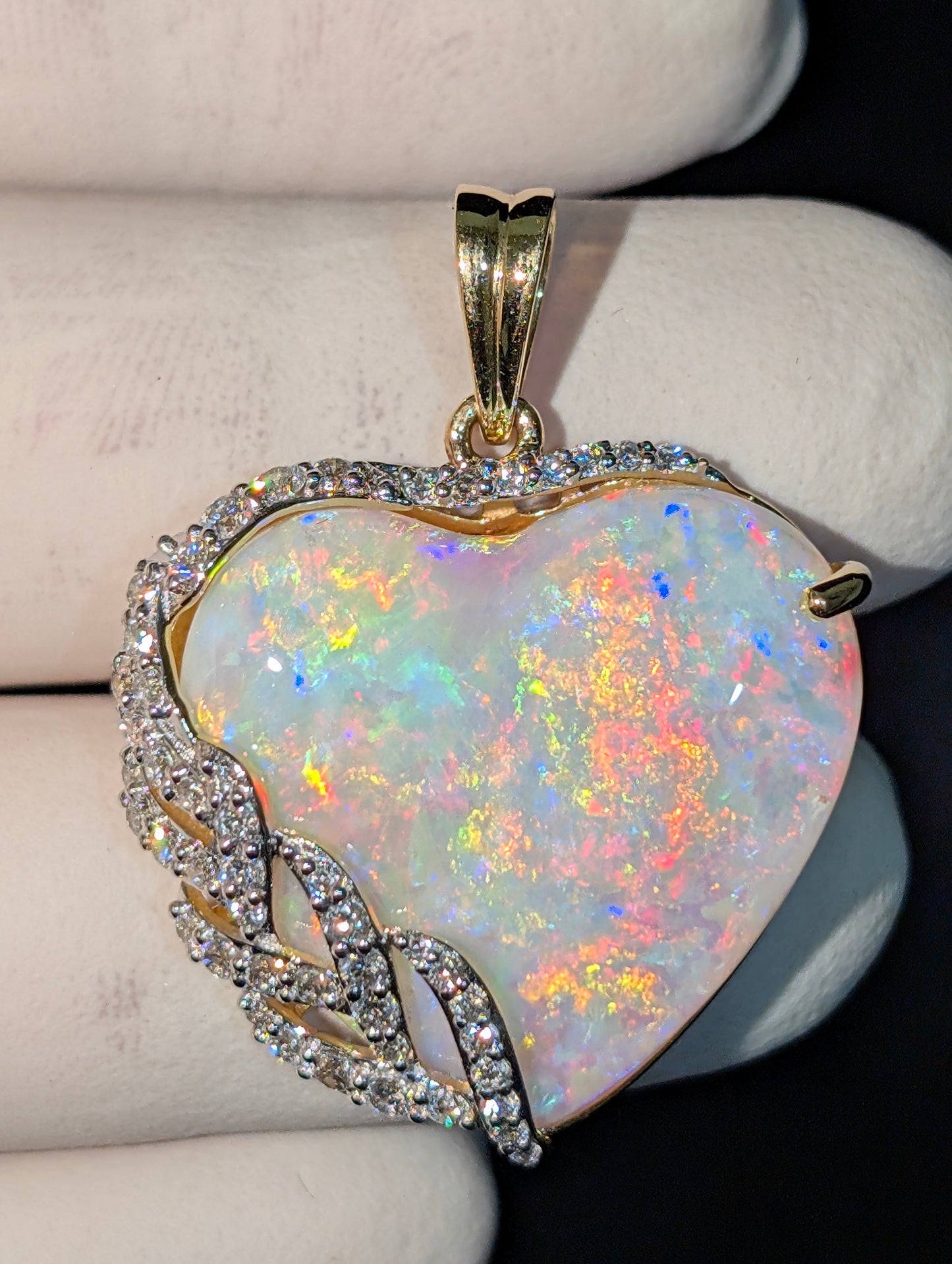 18KT Gold Embraced in Fine Heart Shaped Coober Pedy Crystal Opal with 31 CVD Diamonds