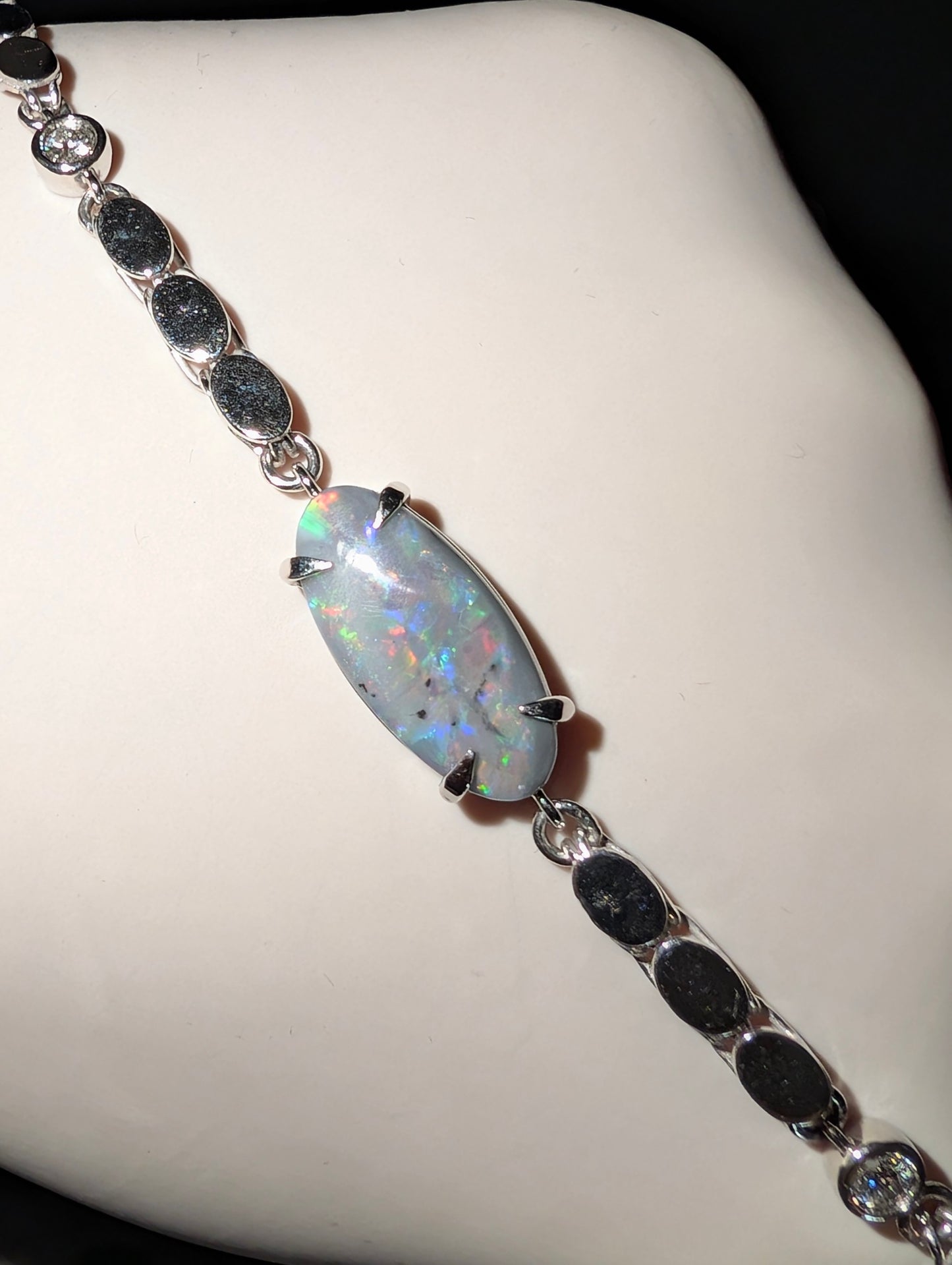 10ct White Gold Bracelet with Lighting Ridge Dark Opal