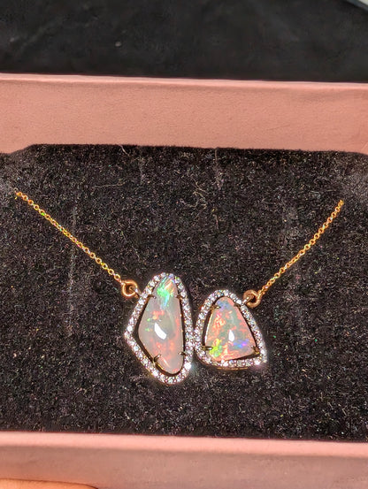 14ct Gold Pendant Featuring Stunning Free-Form Pair of Coober Pedy Crystal Opals