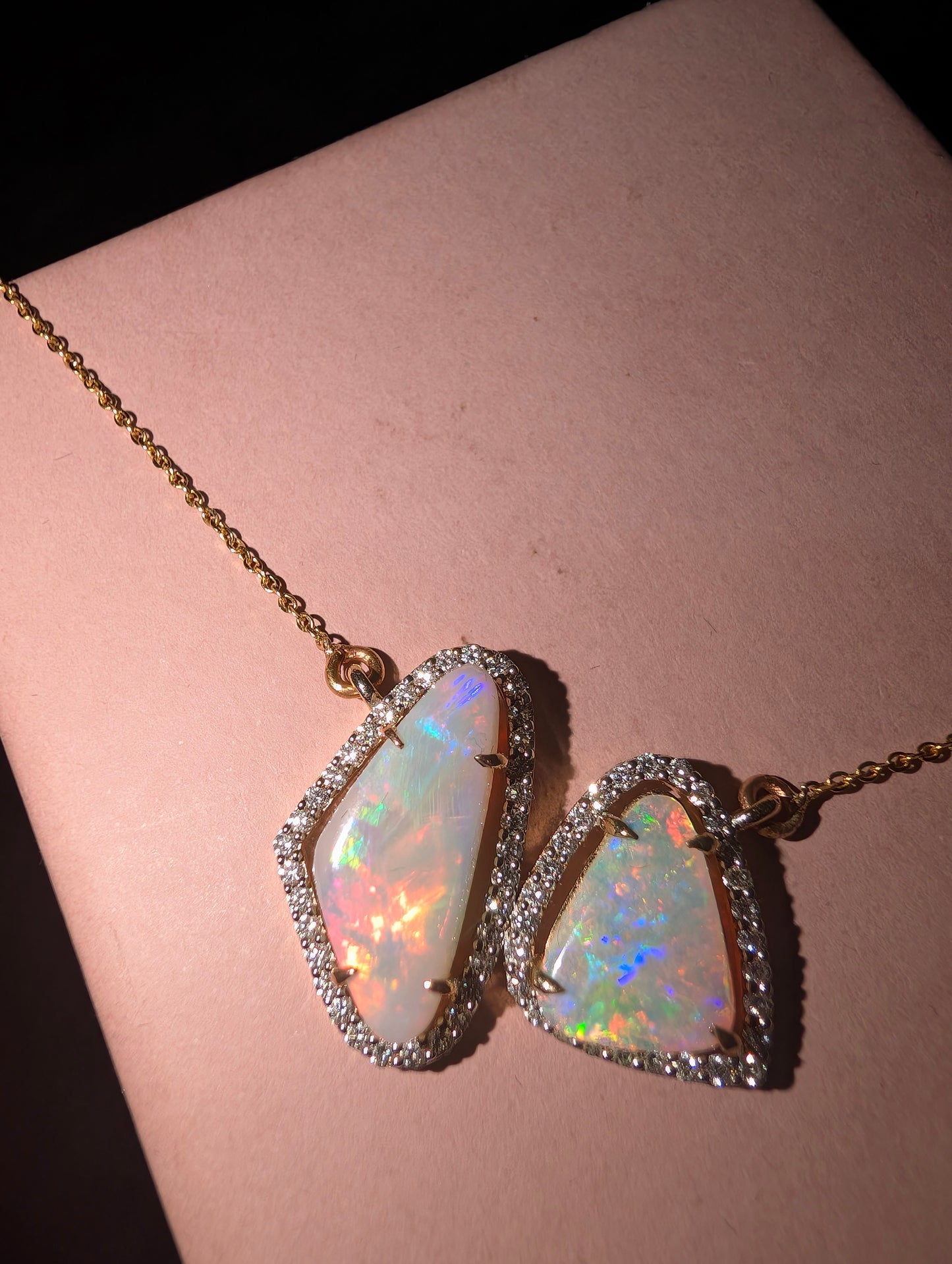 14ct Gold Pendant Featuring Stunning Free-Form Pair of Coober Pedy Crystal Opals