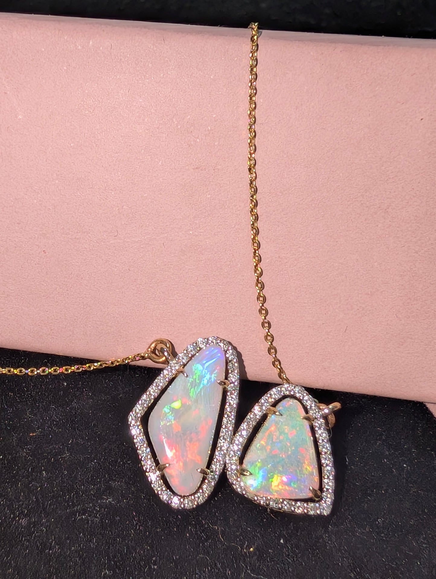 14ct Gold Pendant Featuring Stunning Free-Form Pair of Coober Pedy Crystal Opals