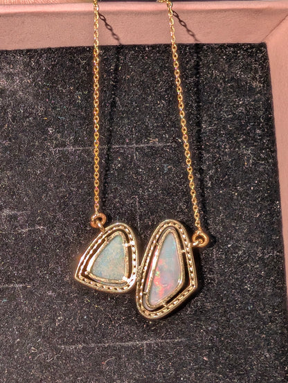 14ct Gold Pendant Featuring Stunning Free-Form Pair of Coober Pedy Crystal Opals