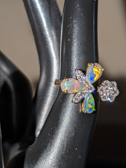 Elegant Black Opal Ring with Radiant CVD Diamonds in 10ct Yellow Gold