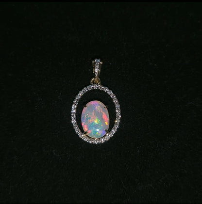 14ct Gold Pendant with Stunning Coober Pedy Semi-Crystal Opal and 34 CVD Diamonds