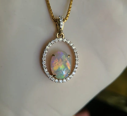 14ct Gold Pendant with Stunning Coober Pedy Semi-Crystal Opal and 34 CVD Diamonds