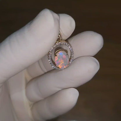 14ct Gold Pendant with Stunning Coober Pedy Semi-Crystal Opal and 34 CVD Diamonds